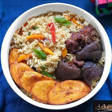 Ghana Coconut Rice, salad, plantain, and Beef